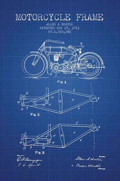 Motorcycle Blueprints: Blue Grid Allen A. Horton Motorcycle Frame Patent Sketch by Aged Pixel