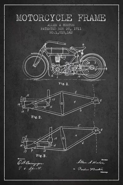 Charcoal Allen A. Horton Motorcycle Frame Patent Sketch by Aged Pixel metal wall art