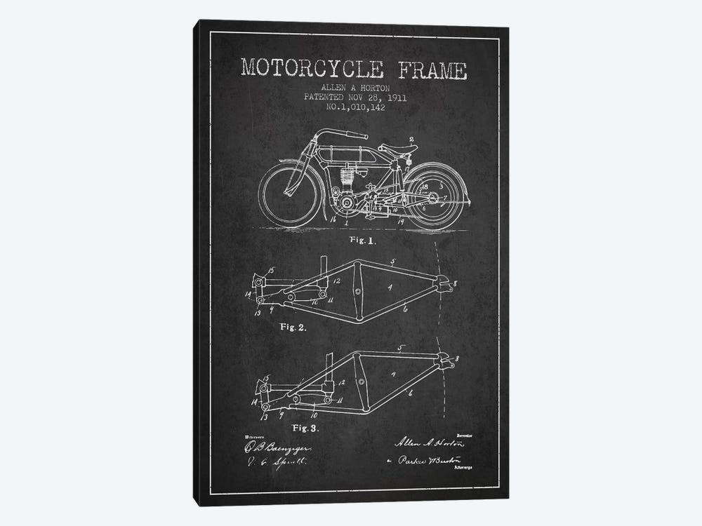 Allen A. Horton Motorcycle Frame Patent Sketch (Charcoal) by Aged Pixel 1-piece Art Print