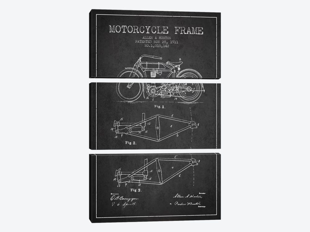 Allen A. Horton Motorcycle Frame Patent Sketch (Charcoal) by Aged Pixel 3-piece Canvas Print