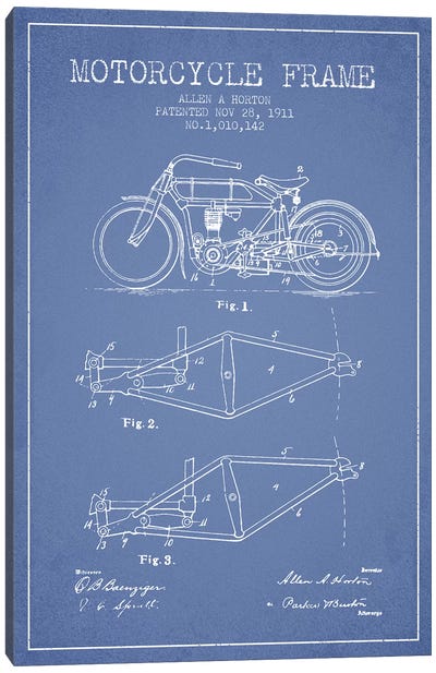 Allen A. Horton Motorcycle Frame Patent Sketch (Light Blue) Canvas Art Print - Aged Pixel: Motorcycles
