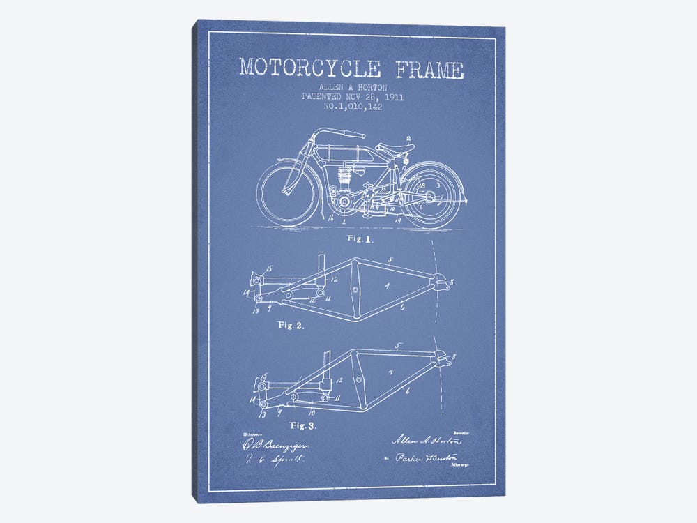 Allen A. Horton Motorcycle Frame Patent Sketch (Light Blue) by Aged Pixel 1-piece Canvas Artwork