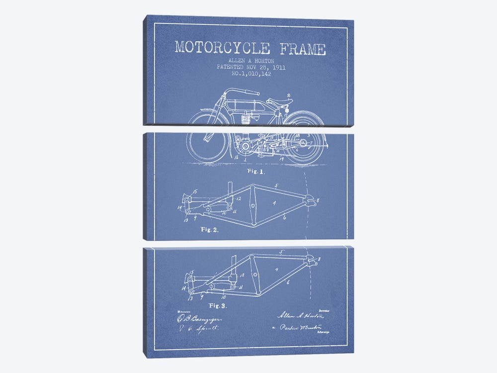 Allen A. Horton Motorcycle Frame Patent Sketch (Light Blue) by Aged Pixel 3-piece Canvas Artwork