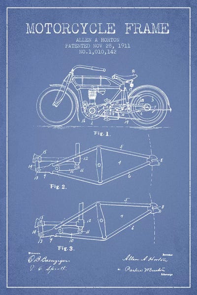 Motorcycle Blueprints: Light Blue Allen A. Horton Motorcycle Frame Patent Sketch by Aged Pixel