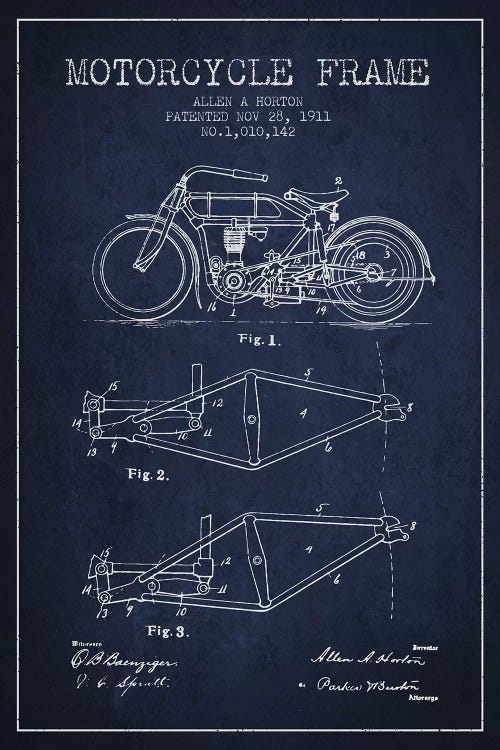 Allen A. Horton Motorcycle Frame Patent Sketch (Navy Blue)