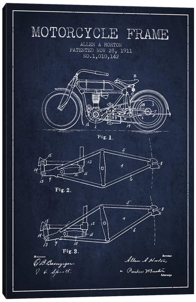 Allen A. Horton Motorcycle Frame Patent Sketch (Navy Blue) Canvas Art Print - Aged Pixel: Motorcycles