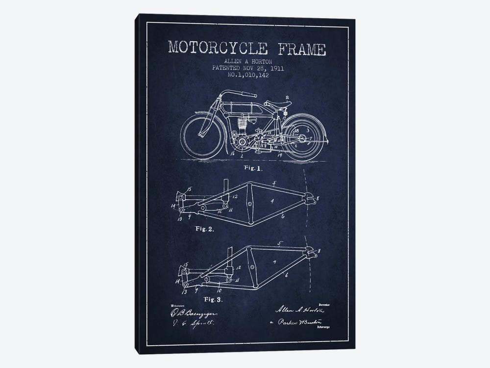 Allen A. Horton Motorcycle Frame Patent Sketch (Navy Blue) by Aged Pixel 1-piece Canvas Print