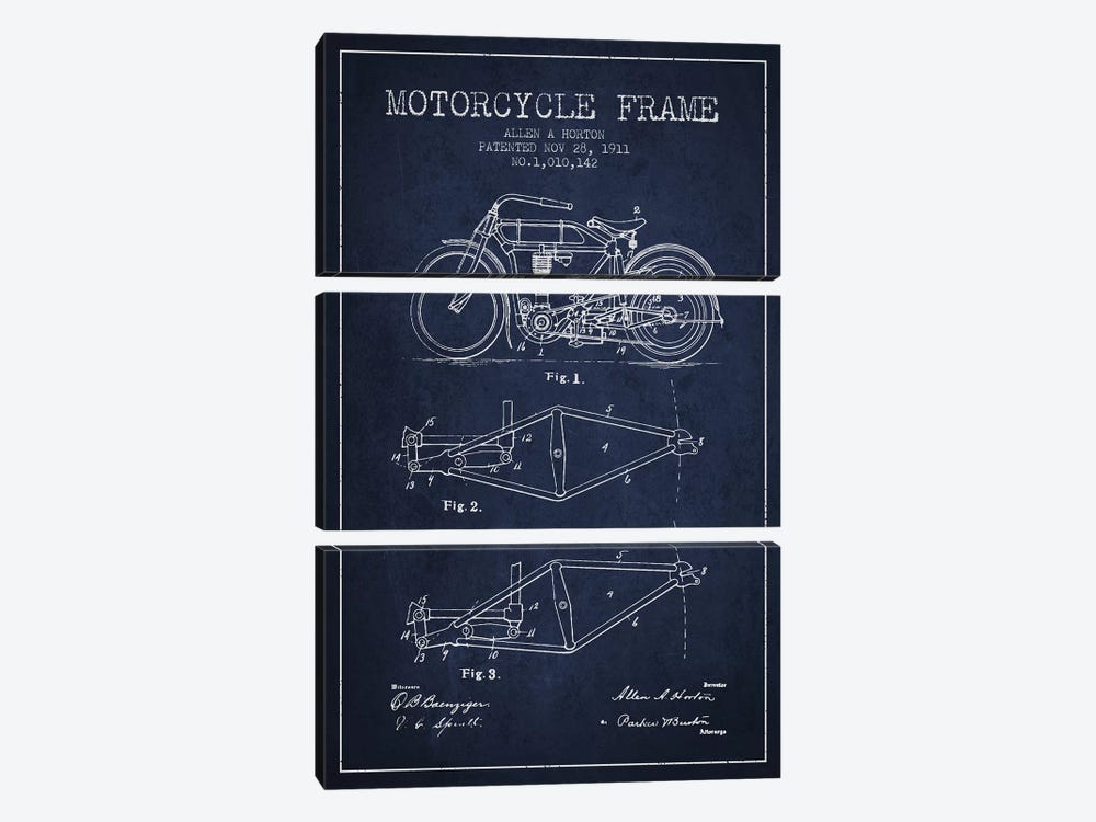 Allen A. Horton Motorcycle Frame Patent Sketch (Navy Blue) by Aged Pixel 3-piece Art Print