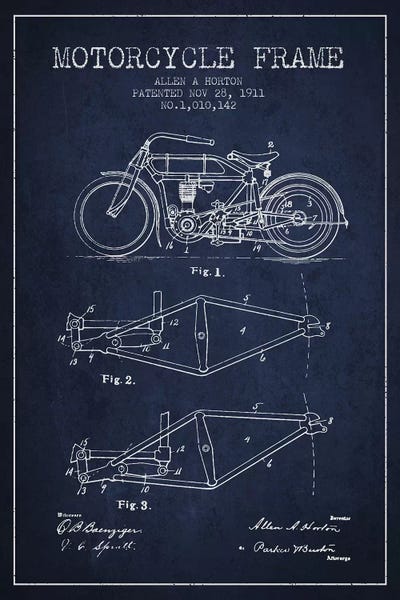 Motorcycle Blueprints: Navy Blue Allen A. Horton Motorcycle Frame Patent Sketch by Aged Pixel
