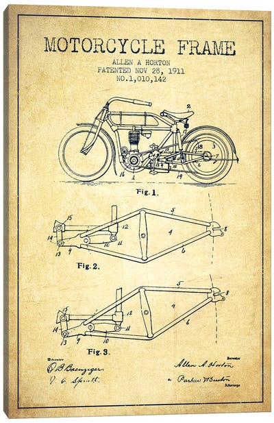 Allen A. Horton Motorcycle Frame Patent Sketch (Vintage) Canvas Art Print - Aged Pixel: Motorcycles