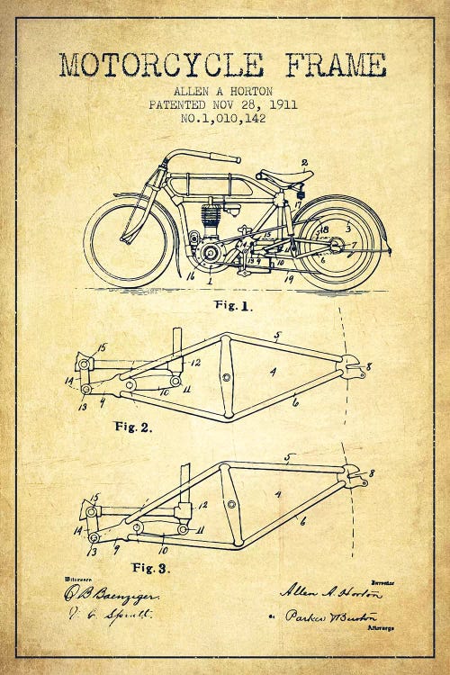 Vintage Allen A. Horton Motorcycle Frame Patent Sketch