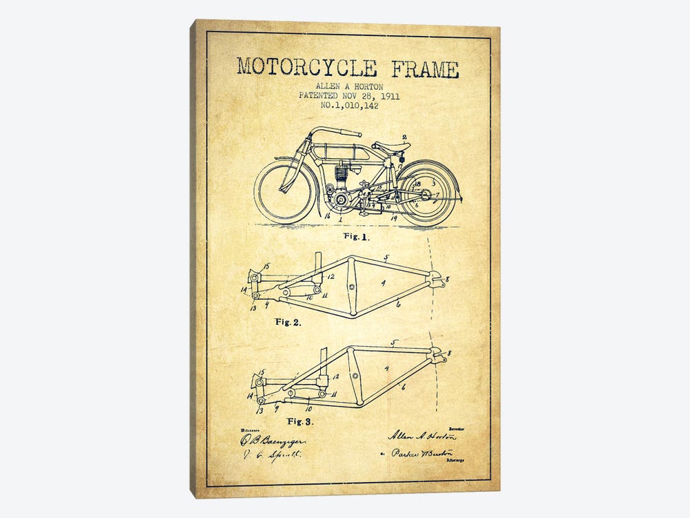 Allen A. Horton Motorcycle Frame Patent Sketch (Vintage) by Aged Pixel 1-piece Canvas Wall Art