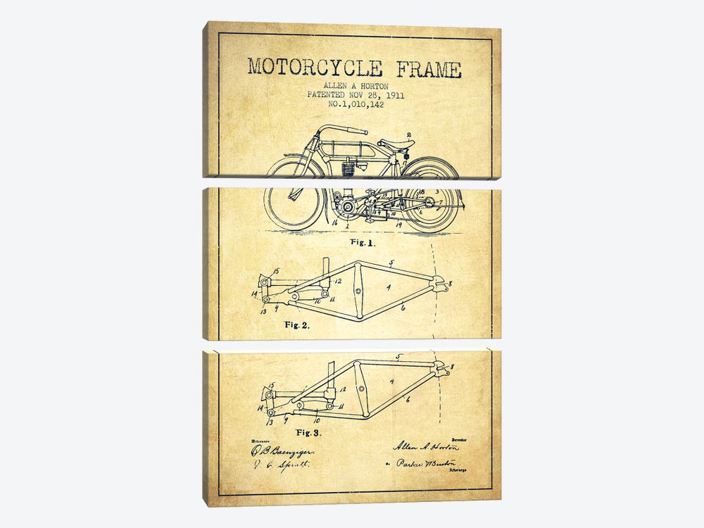 Allen A. Horton Motorcycle Frame Patent Sketch (Vintage) by Aged Pixel 3-piece Canvas Wall Art