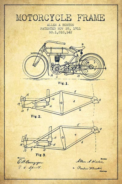 Motorcycle Blueprints: Vintage Allen A. Horton Motorcycle Frame Patent Sketch by Aged Pixel