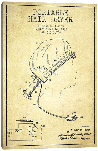 Portable Hair Dryer Vintage Patent Blueprint Canvas Art Print