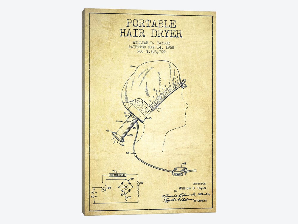 Portable Hair Dryer Vintage Patent Blueprint by Aged Pixel 1-piece Canvas Wall Art