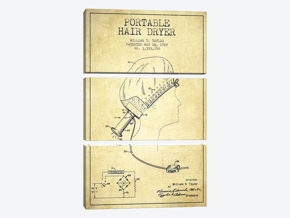 Portable Hair Dryer Vintage Patent Blueprint by Aged Pixel 3-piece Canvas Artwork