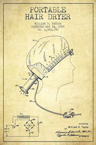 Beauty & Personal Care Blueprints: Portable Hair Dryer Vintage Patent Blueprint by Aged Pixel