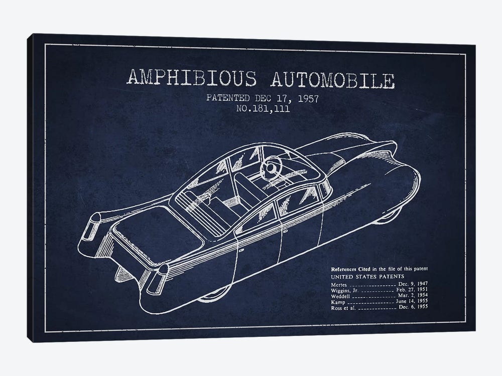 Amphibious Automobile Patent Sketch (Navy Blue) I by Aged Pixel 1-piece Canvas Wall Art