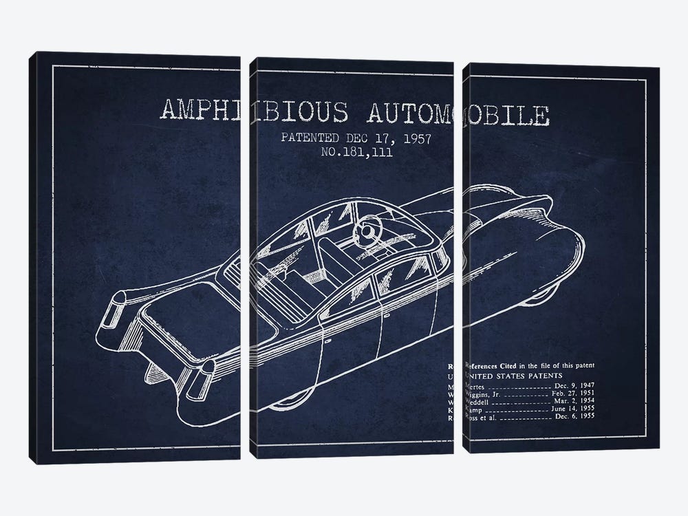 Amphibious Automobile Patent Sketch (Navy Blue) I by Aged Pixel 3-piece Canvas Artwork