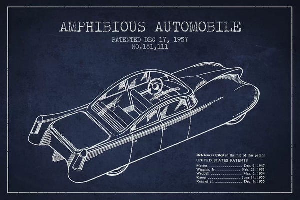 Automobile Blueprints: Navy Blue Amphibious Automobile Patent Sketch by Aged Pixel
