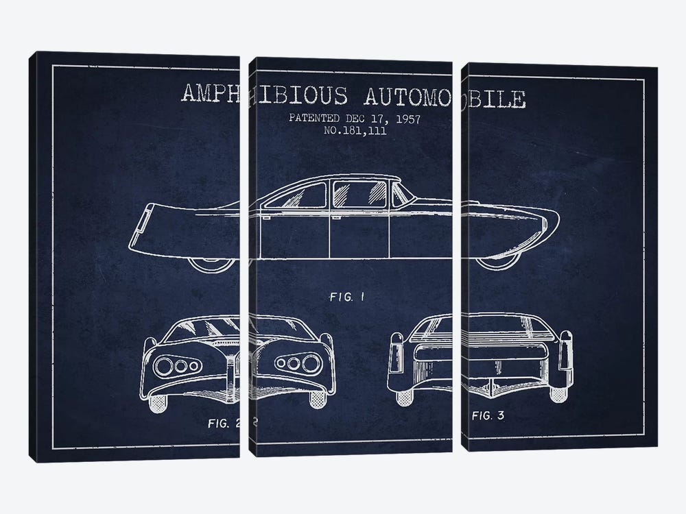 Amphibious Automobile Patent Sketch (Navy Blue) II by Aged Pixel 3-piece Canvas Art Print