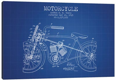 Arthur H.W. Yordi Motorcycle Patent Sketch (Blue Grid) Canvas Art Print - Motorcycle Blueprints