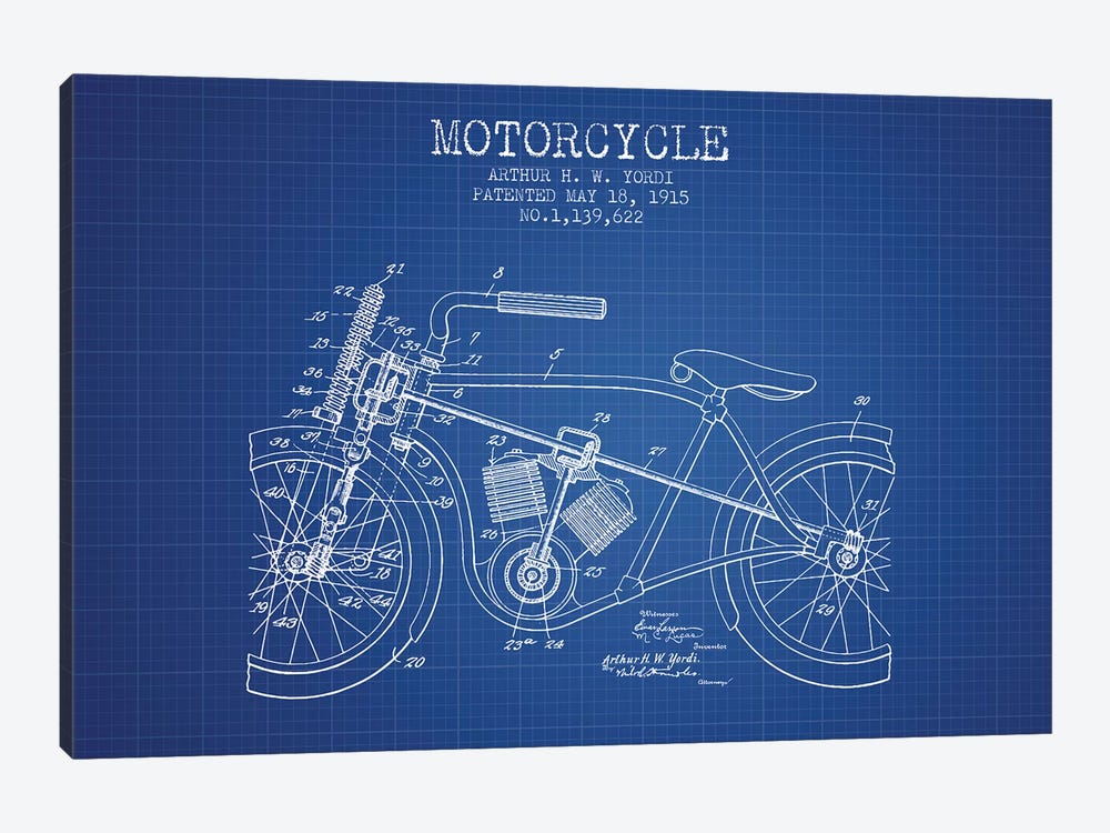Arthur H.W. Yordi Motorcycle Patent Sketch (Blue Grid) by Aged Pixel 1-piece Canvas Art Print