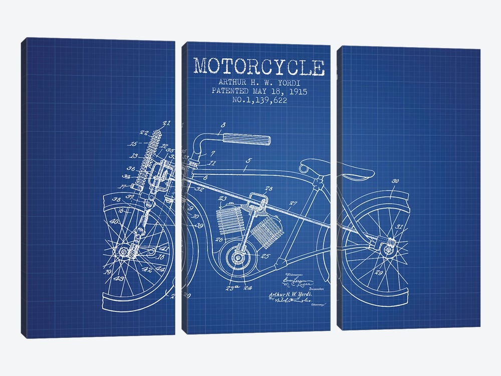 Arthur H.W. Yordi Motorcycle Patent Sketch (Blue Grid) by Aged Pixel 3-piece Canvas Print