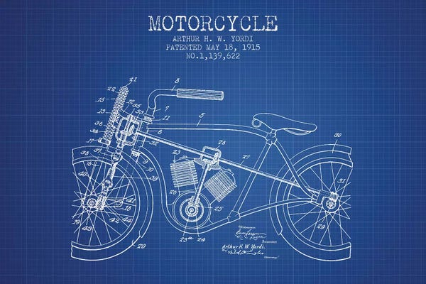 Motorcycle Blueprints: Arthur H.W. Yordi Motorcycle Patent Sketch (Blue Grid) by Aged Pixel