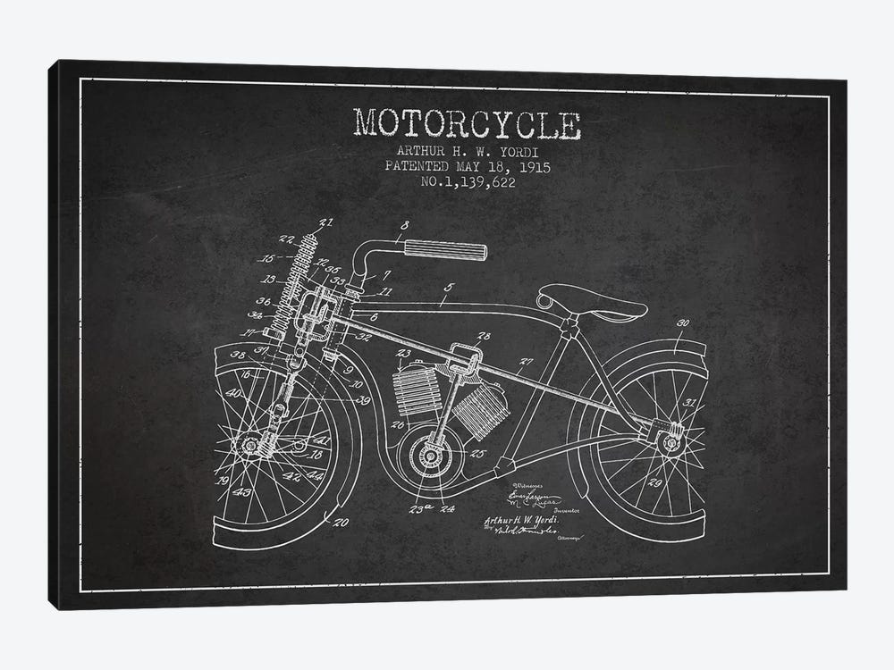 Arthur H.W. Yordi Motorcycle Patent Sketch (Charcoal) by Aged Pixel 1-piece Canvas Wall Art