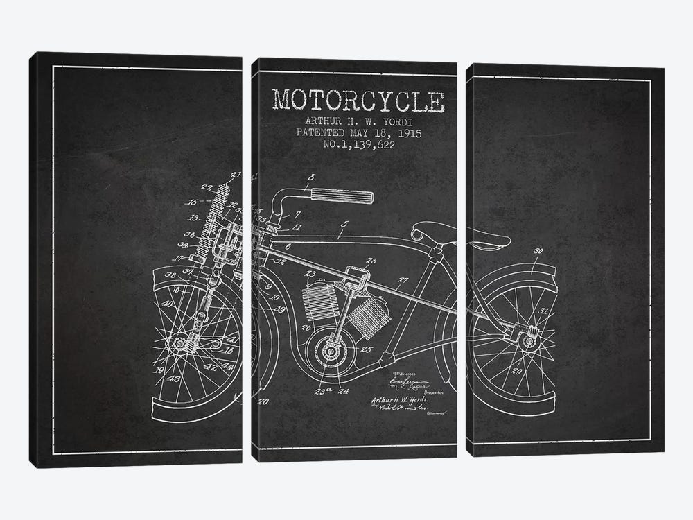 Arthur H.W. Yordi Motorcycle Patent Sketch (Charcoal) by Aged Pixel 3-piece Canvas Art