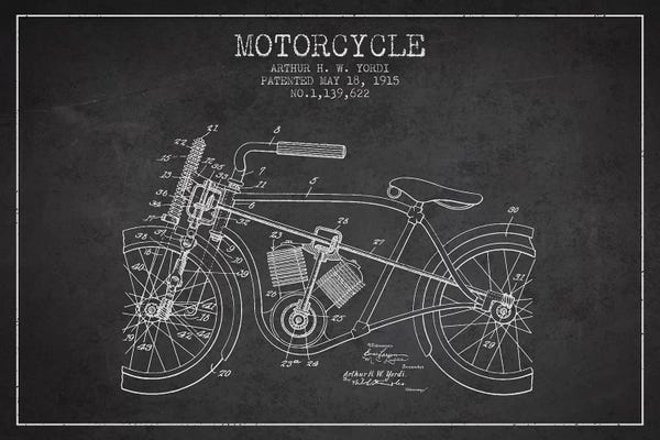 Motorcycle Blueprints: Arthur H.W. Yordi Motorcycle Patent Sketch (Charcoal) by Aged Pixel