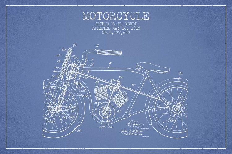 Arthur H.W. Yordi Motorcycle Patent Sketch (Light Blue) by Aged Pixel wall art