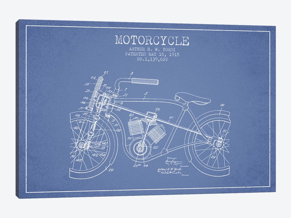 Arthur H.W. Yordi Motorcycle Patent Sketch (Light Blue) by Aged Pixel 1-piece Canvas Art