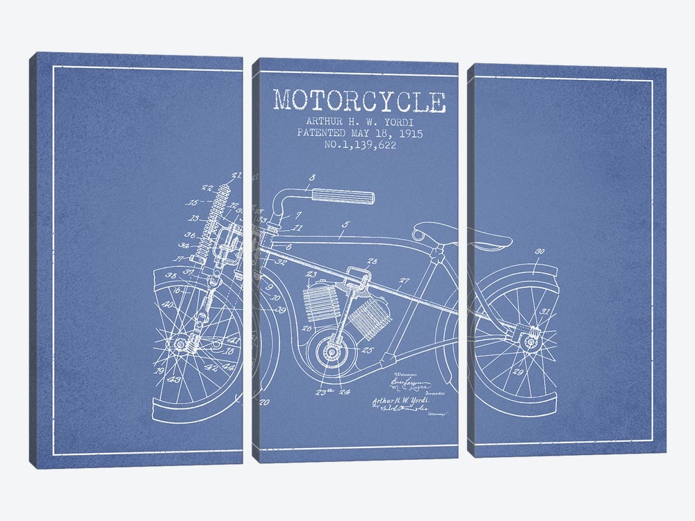 Arthur H.W. Yordi Motorcycle Patent Sketch (Light Blue) by Aged Pixel 3-piece Canvas Wall Art