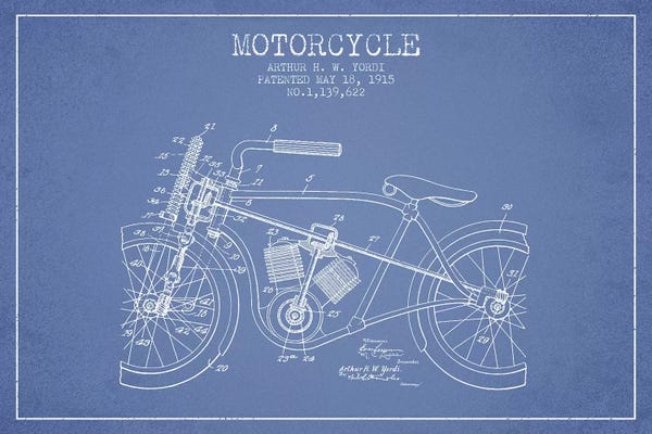 Motorcycle Blueprints: Arthur H.W. Yordi Motorcycle Patent Sketch (Light Blue) by Aged Pixel