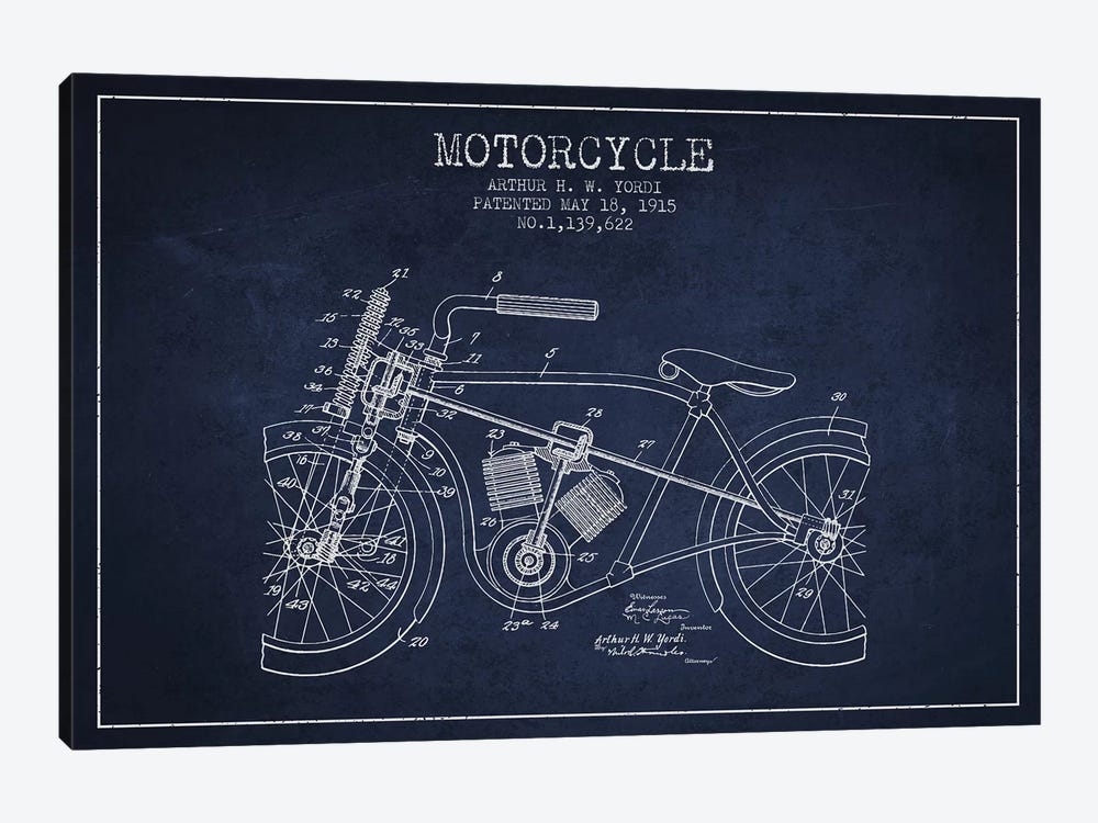 Arthur H.W. Yordi Motorcycle Patent Sketch (Navy Blue) by Aged Pixel 1-piece Canvas Art Print