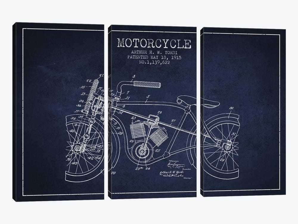 Arthur H.W. Yordi Motorcycle Patent Sketch (Navy Blue) by Aged Pixel 3-piece Canvas Print