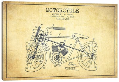 Arthur H.W. Yordi Motorcycle Patent Sketch (Vintage) Canvas Art Print - Aged Pixel: Motorcycles