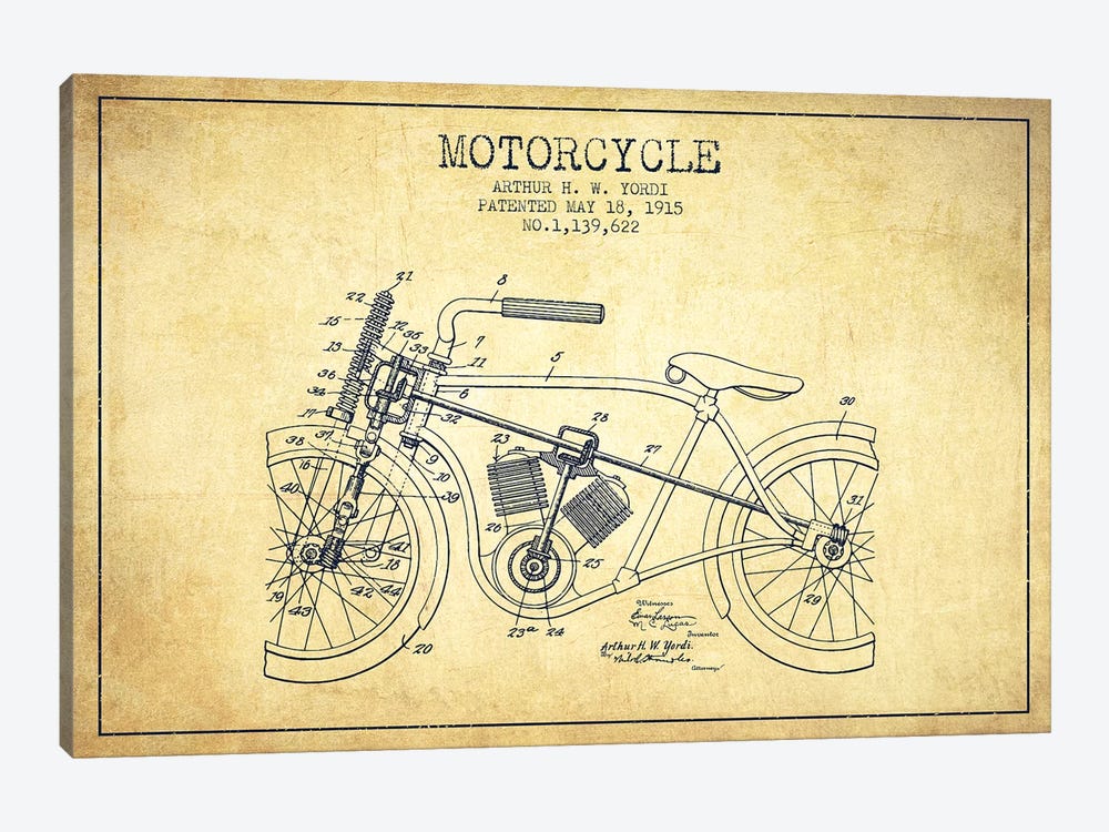 Arthur H.W. Yordi Motorcycle Patent Sketch (Vintage) by Aged Pixel 1-piece Canvas Artwork