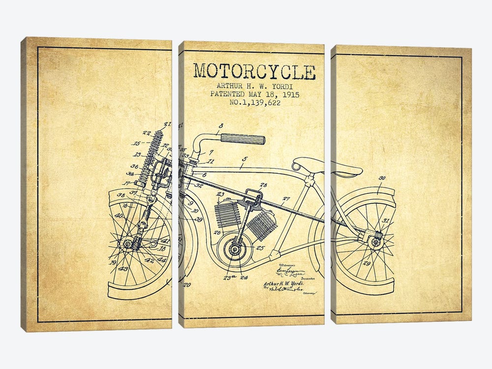 Arthur H.W. Yordi Motorcycle Patent Sketch (Vintage) by Aged Pixel 3-piece Canvas Artwork