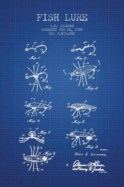 Blue Grid B.E. Gilmore Fishing Lure Patent Sketch