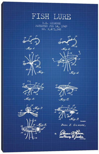 B.E. Gilmore Fishing Lure Patent Sketch (Blue Grid) Canvas Art Print