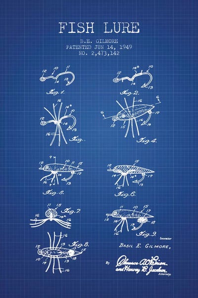 Sports Blueprints: Blue Grid B.E. Gilmore Fishing Lure Patent Sketch by Aged Pixel