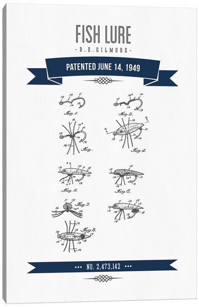B.E. Gilmore Fishing Lure Patent Sketch (Navy Blue) Canvas Art Print - Aged Pixel: Sports
