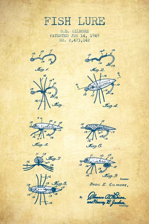 Vintage B.E. Gilmore Fishing Lure Patent Sketch