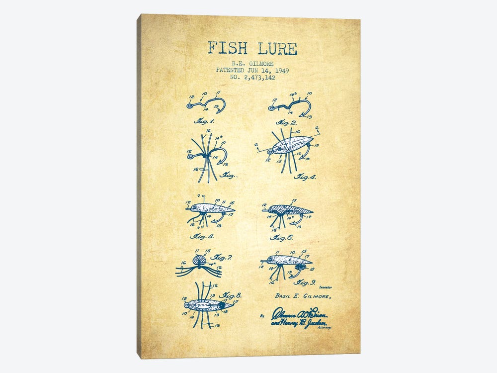 B.E. Gilmore Fishing Lure Patent Sketch (Vintage) by Aged Pixel 1-piece Canvas Art