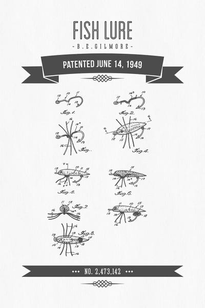 Charcoal B.E. Gilmore Fishing Lure Patent Sketch Retro