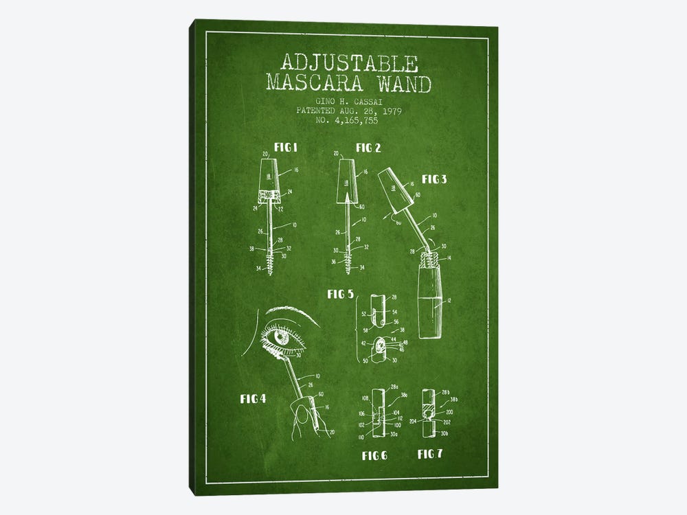 Adjustable Mascara Green Patent Blueprint by Aged Pixel 1-piece Canvas Wall Art